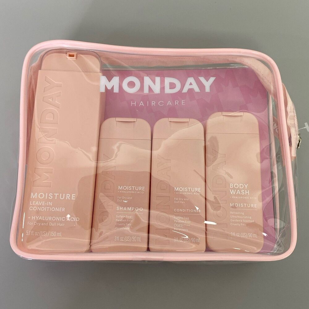 Monday Haircare Travel Set Shampoo Leave in Conditioner Body Wash Kit w/ Bag NEW